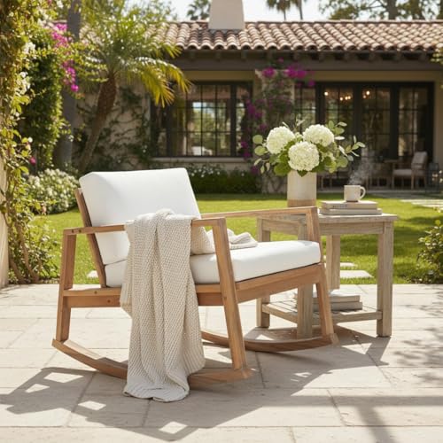 Christopher Knight Home Springer Acacia Wood Rocking Chair Outdoor, Patio Rocker Chair with Soft Cushions, Contemporary Lounge Chair Outdoor, Rocking Accent Chair for Indoor/Outdoor, Light Teak+White