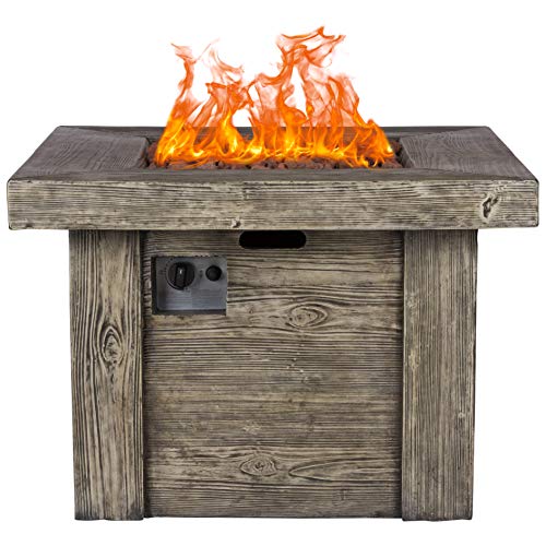 Shine Company Merida 34.75 in Square 50,000 BTU Outdoor Glass Fiber Reinforced Concrete Propane Gas Fire Pit Table w/GFRC Tabletop, Stainless Steel Burner, Lava Rocks, Natural Wood Look - Gray