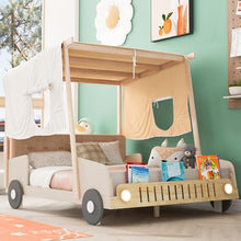 YOPTO Kids Car-Shaped Floor Bed with LED Lights & Magazine Holder Natural