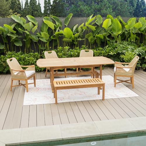 Cambridge Casual Sydney 6 Piece Teak Outdoor Dining Set with Extendable Dining Table, Includes 4 Wicker Dining Chairs with Seatpad, Bench, and Extendable Dining Table with Umbrella Hole