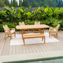 Cambridge Casual Sydney 6 Piece Teak Outdoor Dining Set with Extendable Dining Table, Includes 4 Wicker Dining Chairs with Seatpad, Bench, and Extendable Dining Table with Umbrella Hole