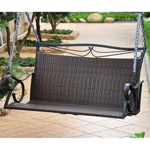 Pemberly Row Patio Loveseat Swing, Antique Brown Finish, Matte Wrought Iron Frame, Premium Wicker Resin Design, Weatherproof UV Protection, 43" W x 25.5" H Outdoor Seating with Chain Included