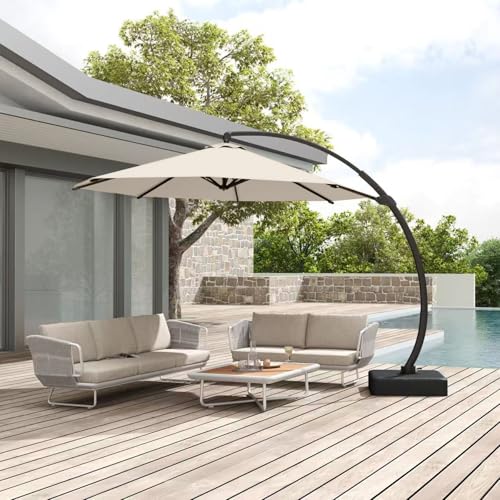 Patio Kingdom 12FT Cantilever Umbrella with Base Large Curvy Outdoor Aluminum Offset Umbrella w/ 360° Rotation, UV Resistant Canopy for Patio, Garden, Backyard, Beige