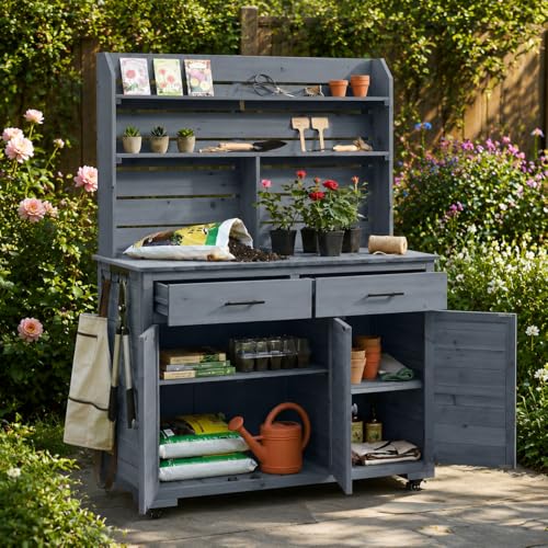 Cvqza TOPMAX Potting Bench, Garden Prep Cart with Lockable Wheels, Large Storage Cabinet, Outdoor Kitchen Island, Drawers & Removable Shelves, Perfect for Grilling and Gardening Activities, Gray