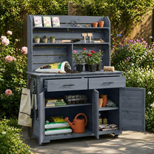 Cvqza TOPMAX Potting Bench, Garden Prep Cart with Lockable Wheels, Large Storage Cabinet, Outdoor Kitchen Island, Drawers & Removable Shelves, Perfect for Grilling and Gardening Activities, Gray