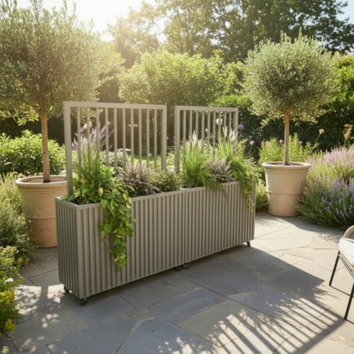 Hassyee Aluminium Planter Box with Lockable Wheels and Trellis for Backyard, Lawn, Outdoor Raised Bed with Drainage Holes and Modern Design for Growing Plants, Flowers