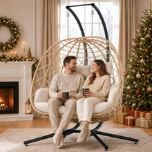 SWITTE Outdoor Double Hanging Egg Swing Chair with Stand & Cushion, Beige