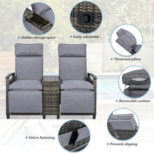 53.3" Patio Recliner Loveseat Chair with Adjustable Backrest, Wicker Conversation Set with Storage Table and Thick Cushion, Outdoor & Indoor Patio Recliners for Balcony, Porch, Living Room, Gray