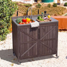 YATON Outdoor Grill Cart with 304 Stainless Steel Sink & Faucet, 40" Rolling BBQ Prep Table with Storage Cabinet & Locking Wheels, Wooden Outdoor Kitchen Island for Patio Backyard,Brown