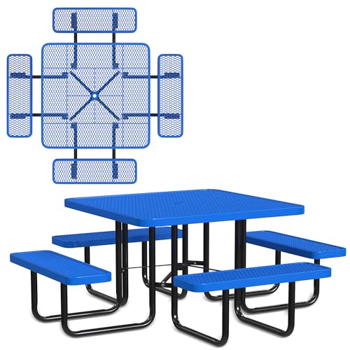 Leisure Craft 46" Square Metal Picnic Table with Bench for 8, Made in USA