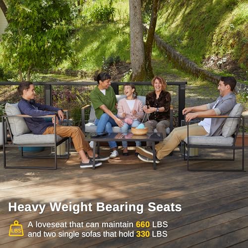 EAST OAK 4-Piece Courtyard Patio Furniture Set with Sofa and Tempered Glass Table, Black & Grey