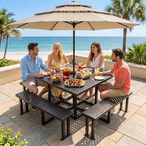 YITAHOME Commercial 38" Square Q235 Carbon Steel Picnic Table, Heavy Duty Metal Outdoor Table Set with Umbrella Hole, Industrial Grade Park Furniture (Black)