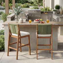 Christopher Knight Home Arly Outdoor Bar Stools Set of 2, Acacia Wood Frame Bar Stool with Cushion, Patio Outdoor Chairs Set, Island Stools with Woven Wicker Back for Balcony Garden, Green+Cream+Teak