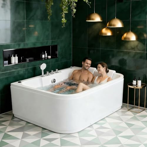 61-in Freestanding Acrylic Whirlpool Tub for 2 People with 16 Jets, LED Lights, Heater, Digital Control, Dual Headrests, Spa Massage Bath
