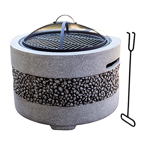 Large 3 in 1 Fire Pit with BBQ Grill Shelf, Edging of Artificial Stone for Outside Patio, Decking, Lava Rocks, Bronze 55 * 46cm