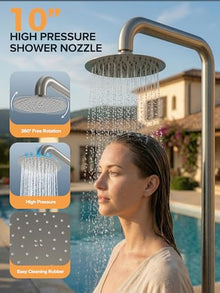 WCQQ 316 Stainless Steel Outdoor Floor Shower with 3 Functions, Freestanding 10" Headshower & Handheld Shower for Backyard Patio Relaxation/Easy Garden Clean (Brushed nickel)