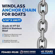 Five Oceans Marine Grade Windlass Anchor Chain 5/16 inch x 100 Ft Steel