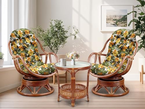 Wickerix Set of 2 Bali Lounge Swivel Rocking Chairs with Floral Cushion and Pelangi Round Coffee Table Natural Rattan Wicker Handmade, Colonial Color