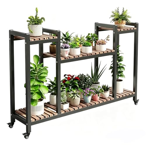 ARTUNV Movable 3-Tier Metal Plant Stand On Wheels for Indoor Living Room