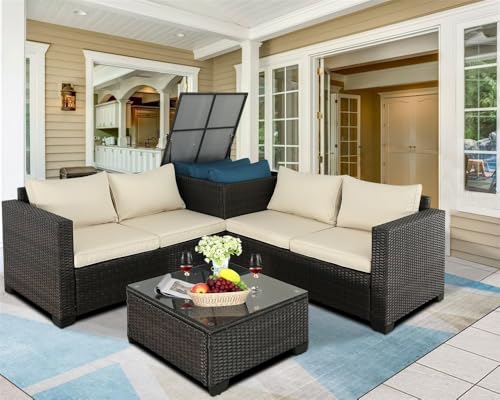 UOPYNE Outdoor Patio Wicker Furniture Set, No Assembly Required All-Weather Rattan Conversation Bistro & Storage Box Glass Top Table for Garden, Porch, Balcony and Deck