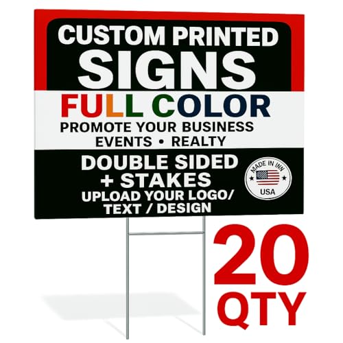 Custom Yard Signs 18x24" – 20 Pack Full Color Personalized Double Sided Lawn Signs, Includes Metal H-Stakes, Perfect for Outdoor Events & Real Estate Use