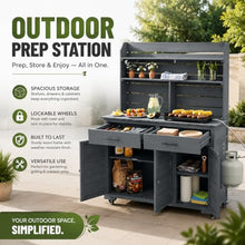 Cvqza TOPMAX Potting Bench, Garden Prep Cart with Lockable Wheels, Large Storage Cabinet, Outdoor Kitchen Island, Drawers & Removable Shelves, Perfect for Grilling and Gardening Activities, Gray