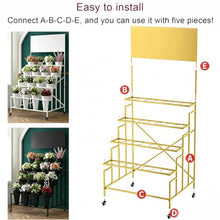 Metal 4 Tier Flower Display Stand With Wheels & Billboard, Plant Shelf