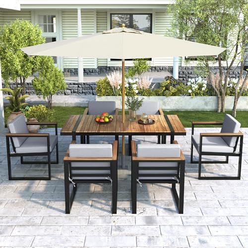 Outdoor Patio Sofa Set 4-Piece with Cushions, Woven Rope Design Seating, Acacia Wood & Steel Frame, Water-Resistant Fabric, 3-Seat Couch, Chairs & Dual-Layer Coffee Table for Garden Balcony, Grey