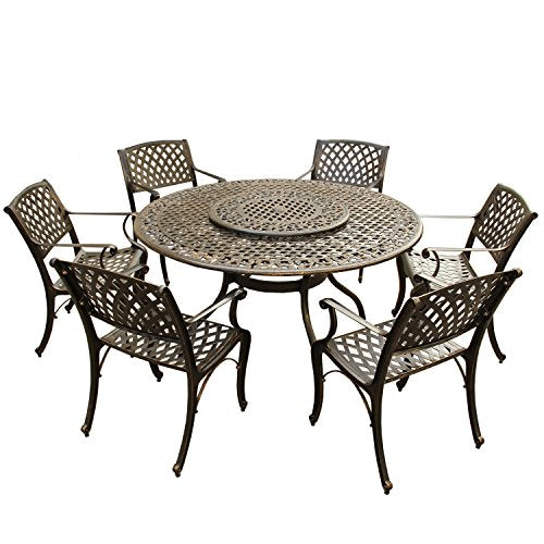 Oakland Living Ornate Traditional and Modern Contemporary Outdoor Mesh Lattice Aluminum 59 inch Bronze Round Dining Set with Lazy Susan and Six Chairs