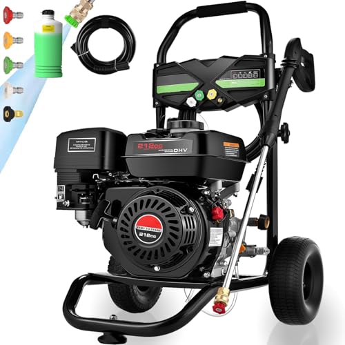 Commercial 4000PSI 4GPM 212CC Gas Pressure Washer, 7.0 HP Heavy-Duty 4-Stroke 3600RPM Professional Gas Power Washer with 9" Wheels/5 Nozzles/25FT Hose/1L Foam Bottle (EPA/CARB/ETL Compliant), Black