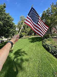 TUTARE 50 American Flags on Stick - Handheld Spearhead US Flag for 4th of July, Memorial Day Event Decorations - Patriotic Decor for Indoors & Yard - Wooden Stick, Cotton Fabric (12" X 18" - 144 Pack)