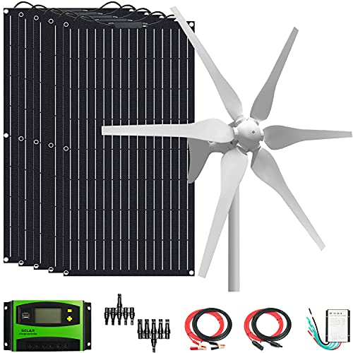 900 Watts 12V Solar Wind Turbine Generator Power Kit: 1pc 400 Watt Wind Turbine + 5pcs 100W ETFE Flexible Mono Solar Panel off grid for roofs RV curvy curface