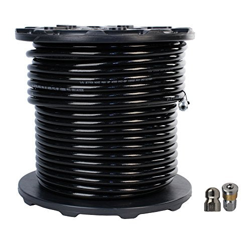 Schieffer Co. 3/8in. x 300ft. 4000 PSI Thermoplastic Sewer Jetter Hose with 8.0 Orifice Button Nose and Rotating Nozzles Clear