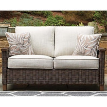 Pemberly Row Set of 2 Patio Round Fire Pit Table and Loveseat in Medium Brown