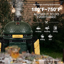 London Sunshine 15-inch Ceramic Kamado Charcoal BBQ Grill & Smoker with Locking Casters, Foldable Side Shelves, Stainless Steel Grates, and Tall Stand (Green)