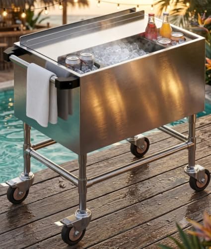 Mobile Ice Bin Chest with Handle, Stainless Steel Ice Chest with Sliding Lid and Bottle Holders, Cooler Cart Cocktail Unit for Bar Restaurant Pub, NSF Certified