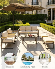 7 Seats Aluminum Outdoor Patio Conversation Sets with Coffee Table, 6 Pieces Metal Conversation Sectional Furniture Sofa for Balcony, Garden, Deck, Backyard,Beige
