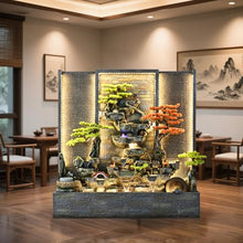 5.91ft Indoor Zen Decor Water Feature Indoor/Outdoor Large Water Fountain Wall, Lightweight Resin Fountain with LED Lights, Mist, Bonsai Trees & Waterwheel