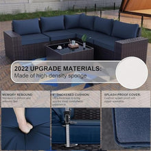 HTERWQEA 6‑Piece Dark Blue Rattan Patio Furniture Set, All-Weather Sectional Sofa with Cushions, Outdoor Conversation Set, Wicker Sofa for Garden, Porch, Backyard