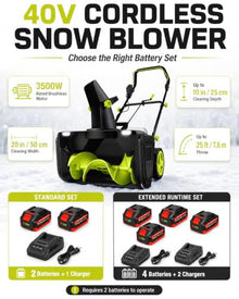 Battery Powered Snow Blower 40V, 20-Inch Cordless Snow Thrower 4batteries