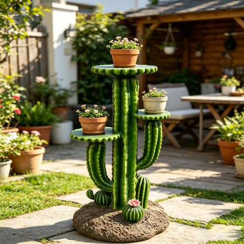 JintianCrafts 32" Cactus Plant Stand with 3 Shelves, Resin Saguaro Cactus Flower Pot Holder, Multi-Tier Succulent Display Rack for Patio, Yard, Lawn, Garden & Outdoor Decor
