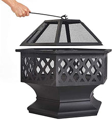 Fire Pit Metal Outdoor Wood Burning Firebowl Fireplace with Spark Screen Retardant Mesh Lid and Poker for Outside Backyard Deck