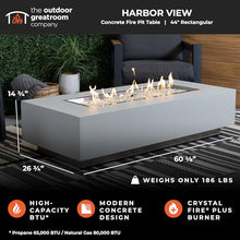 Outdoor GreatRoom Co. Harbor View Gas Fire Pit Table Rectangular Concrete Fire Pits for Outside Patio - 65,000 BTU Propane Fireplace Heater, Glass Coffee Table Cover, Clear Fire Rocks