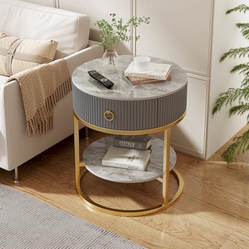 SYUKMH Side Table, Round End Table with Drawer, Small Bedside with Metal Frame, with Shelves, for Living Room, Bedroom