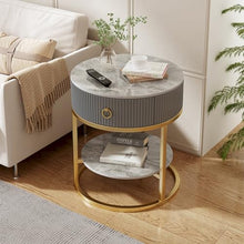 SYUKMH Side Table, Round End Table with Drawer, Small Bedside with Metal Frame, with Shelves, for Living Room, Bedroom
