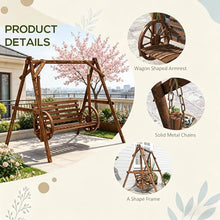 2-Seat Porch Swing with A-Frame Stand, Wooden Log Patio Swing Chair with Wagon Wheel Armrests, Adjustable Height, Gentle Swing Motion, Heavy Duty Fir Wood, 550 lbs Capacity for Garden Yard Deck