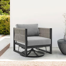 roomfitters Mareike Modern Outdoor Patio Swivel Glider Lounge Chair - Black Aluminum & Woven Rope 360 Rocker Armchair - All-Weather Gray Cushions - Rust-Proof Garden Seating