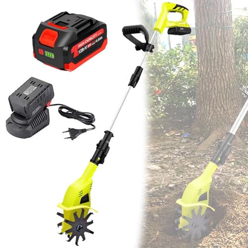 Electric Garden Tiller, Cordless Cultivator, Rotovator and Rototiller with 2×4000 mAh Lithium Battery for Lawn,Gardening,Soil Cultivation (A)