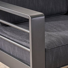 GDFStudio Outdoor Loveseat and Fire Pit Set, Grey with Dark Grey Cushions and Dark Grey
