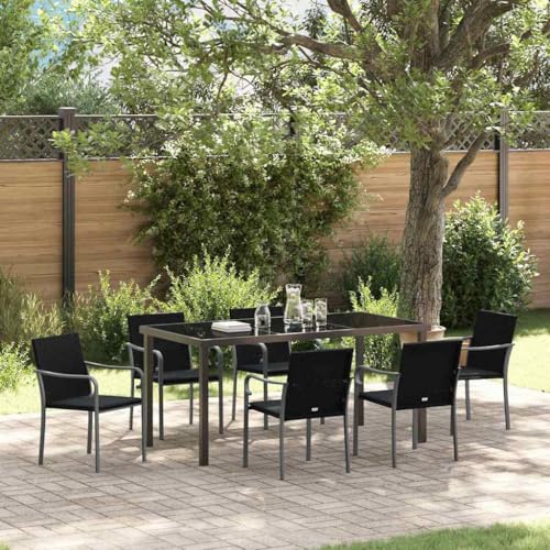 FUDUGEHMIOFWFJJ Modern 7-Piece Outdoor Dining Set, Black and Grey PE Rattan Patio Furniture with Table and Chairs, All-Weather Garden Set for Backyard, Balcony, Terrace